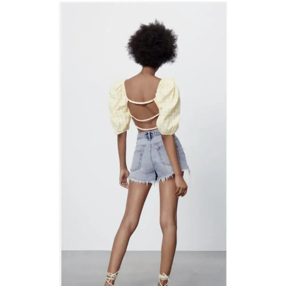 Zara Womens Yellow Gingham Puff Sleeve Cropped Blouse Large